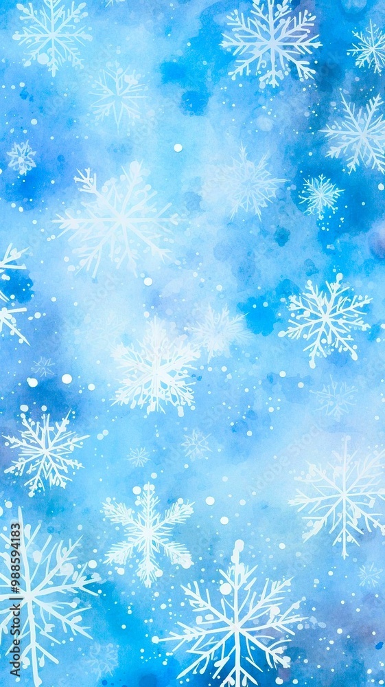 white snowflakes with intricate design on blue watercolor background, snowfall, wintry sky. background for website or social media, winter sales festivals or events, festive wallpaper concept. white snowflakes with intricate design on blue watercolor background, snowfall, wintry sky. background for website or social media, winter sales festivals or events, festive wallpaper concept.