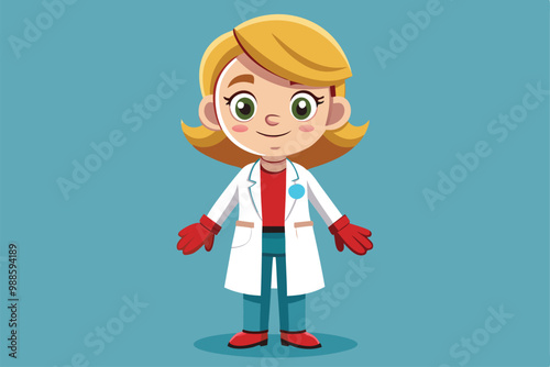 A cartoon doctor is smiling and ready to help patients while wearing a white coat and gloves, a cartoon character of a Female doctor in medical gloves