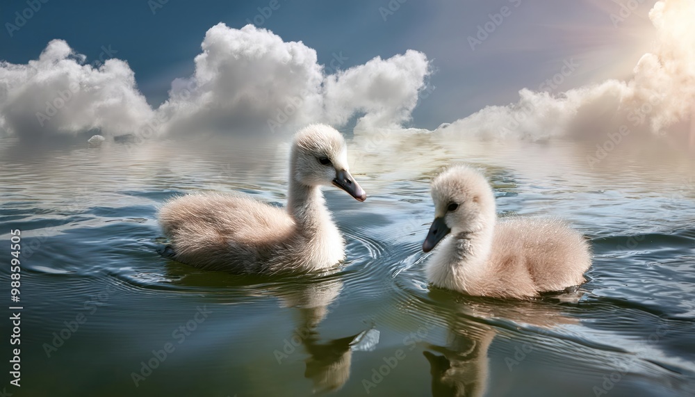 A beautiful family of swans swims gracefully in the lake. Bask in the soft sunlight With the greenery reflecting from their fur. The focus is on the face and body of the baby white swan. A beautiful family of swans swims gracefully in the lake. Bask in the soft sunlight With the greenery reflecting from their fur. The focus is on the face and body of the baby white swan.