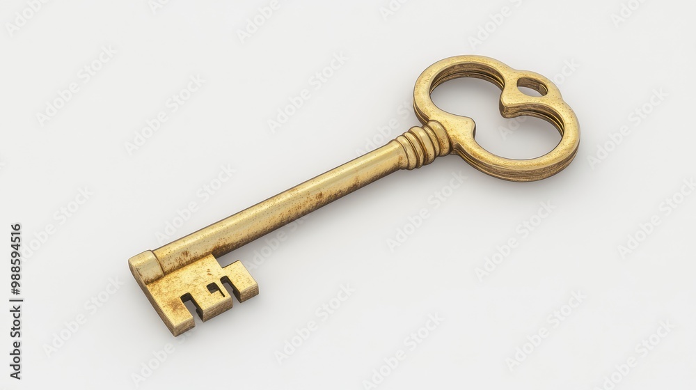 A shiny golden key, old-fashioned in design, lies flat in the center of the white background, its metal catching light.