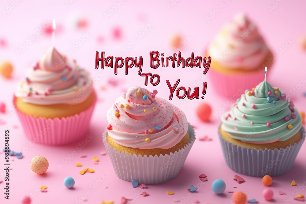 3D illustration of a happy birthday card with cupcakes and the text 3D illustration of a happy birthday card with cupcakes and the text