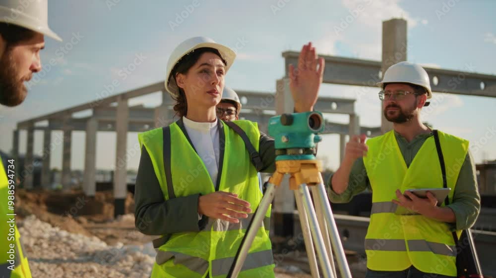 Close up team of engineers talking about a construction project. Standing outdoors in helmet and uniform at sunliight. Building company