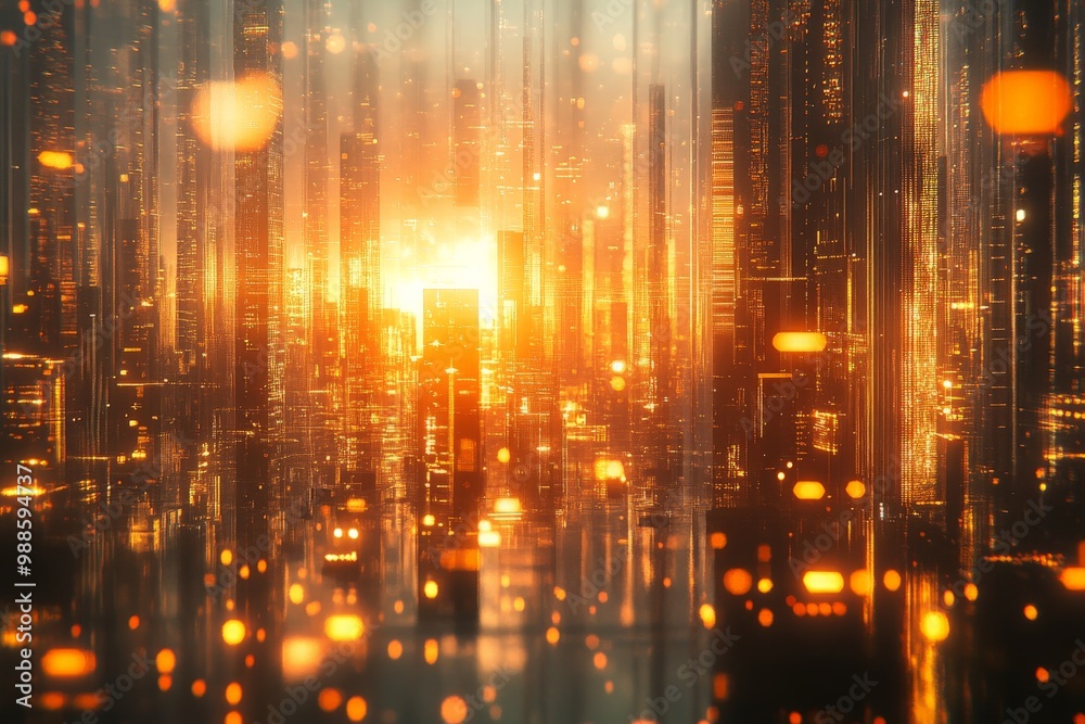 Obraz premium Shimmering Metropolis: A Cityscape Aglow in Golden Radiance