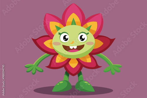 A joyful flower character smiles widely, showcasing vibrant petals and a playful demeanor, a cartoon character of a flowers
