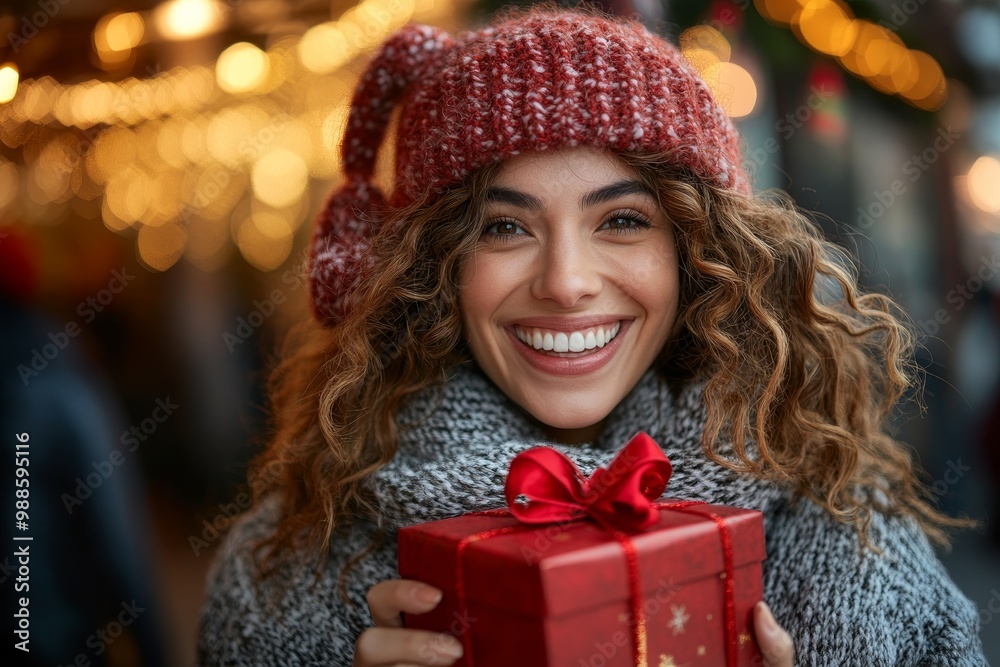 Portrait of a happy mid woman laughing and holding red Christmas gift box, Generative AI