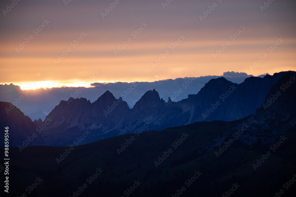 Colorful sunset in the Dolomite mountains at Passo Giau. Colorful sunset in the Dolomite mountains at Passo Giau.
