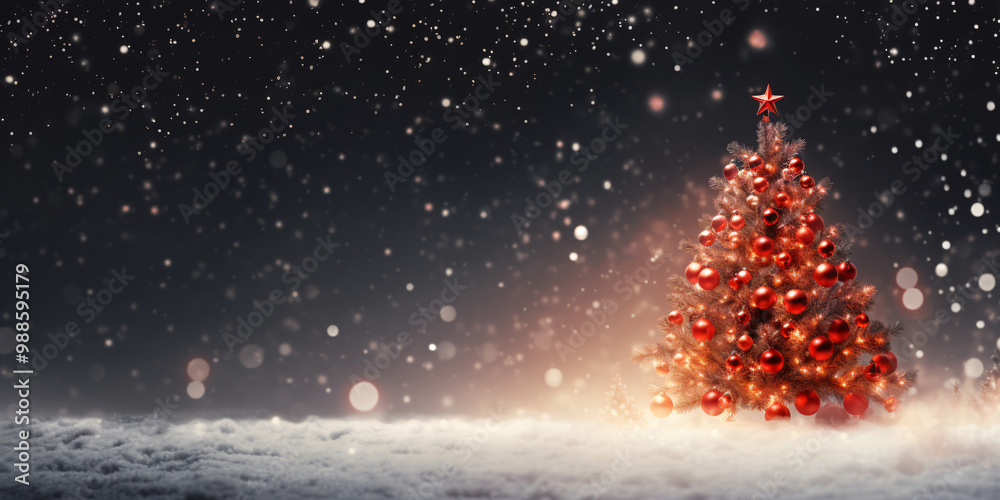 Christmas background. Christmas tree decorated with red baubles and snow Christmas background. Christmas tree decorated with red baubles and snow