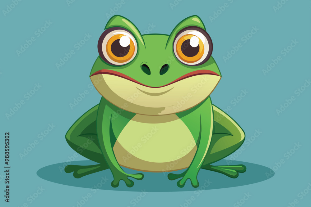 Obraz premium A cartoon frog smiles with big eyes, sitting in a playful pose on a smooth blue backdrop, a cartoon character of a frog