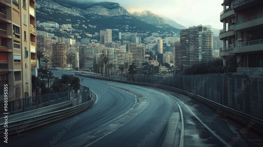 Fototapeta premium The quiet Monaco Grand Prix track, no cars or people, just the iconic race circuit curving through the empty city streets.