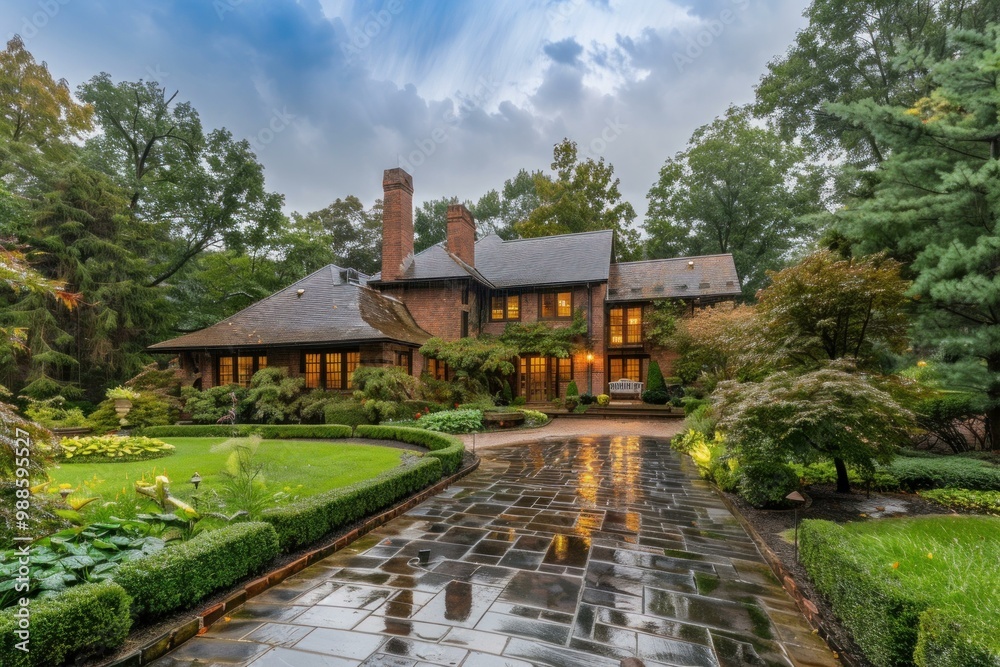 Beautiful brick house with lush landscaping is reflecting on the wet stone driveway after a summer rain Beautiful brick house with lush landscaping is reflecting on the wet stone driveway after a summer rain