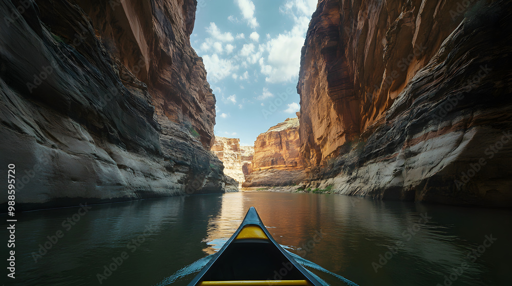 Fototapeta premium A canoe gliding through a narrow canyon with towering rock walls and the sky barely visible above.