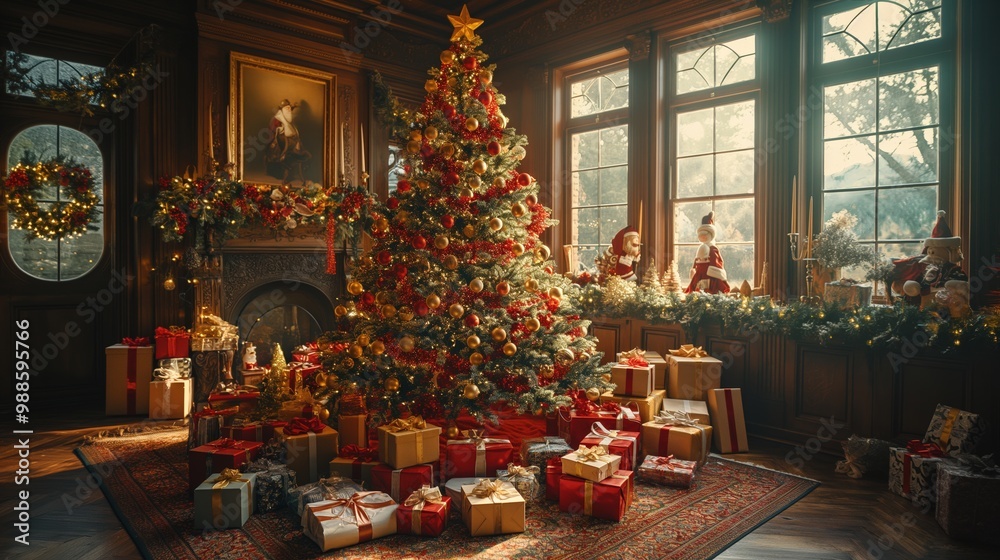 Christmas tree in the home Christmas interior. Beautiful Christmas background. Fireplace Lights Decoration, Hanging Socks. Garland. Gifts. Holiday decor. New Year's card
Christmas tree in the home Christmas interior. Beautiful Christmas background. Fireplace Lights Decoration, Hanging Socks. Garland. Gifts. Holiday decor. New Year's card