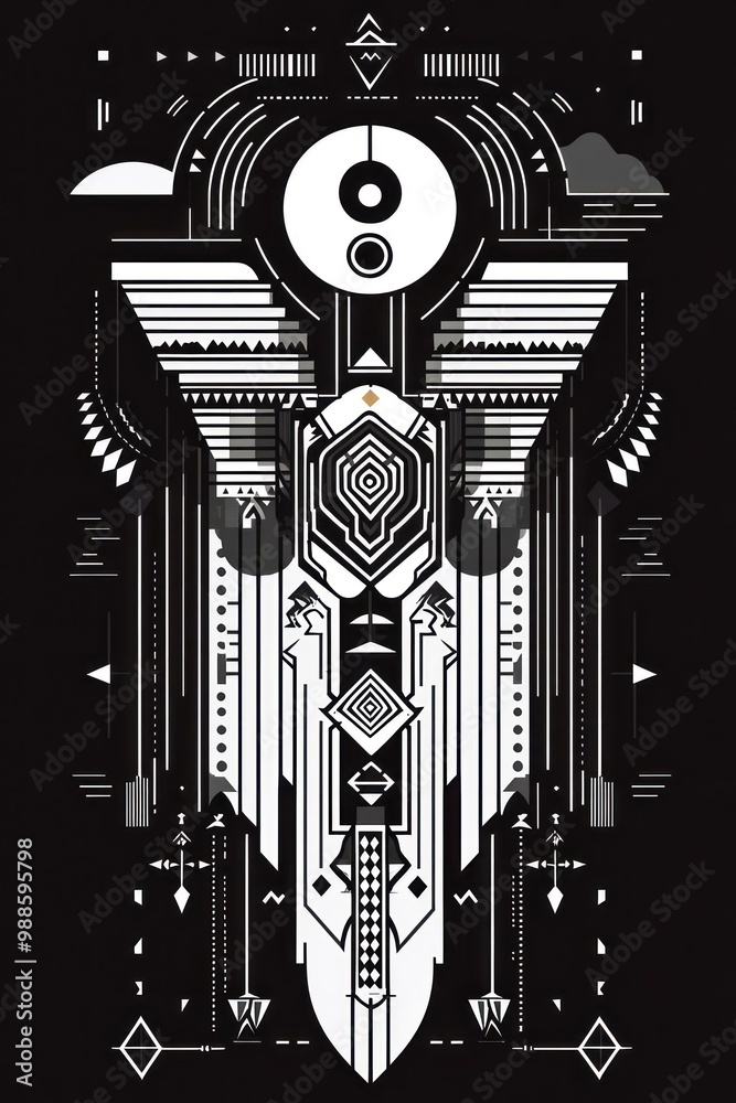 Abstract black and white geometric design with a central hexagon and a circular element. Abstract black and white geometric design with a central hexagon and a circular element.