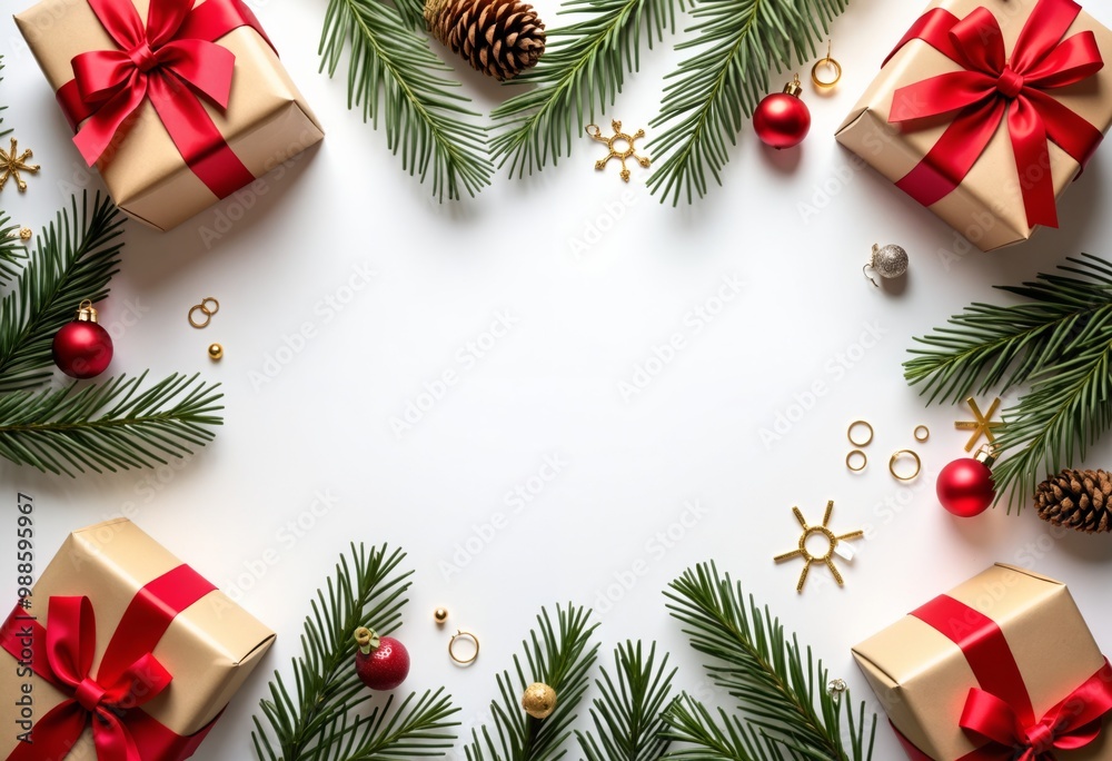 christmas gifts on a white background with fir branches christmas gifts on a white background with fir branches