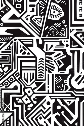 Abstract black and white geometric pattern with repeating shapes and lines.