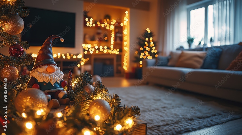 A Christmas tree with a gnome on it sits in front of a living room A Christmas tree with a gnome on it sits in front of a living room