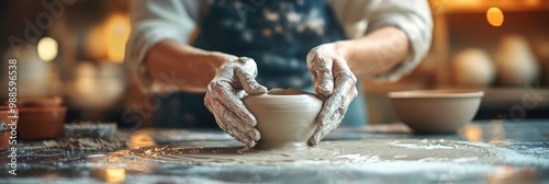 Hands shaping clay in a pottery studio, creative process highlighted, warm atmosphere, soft background blending, artistic expression evident photo