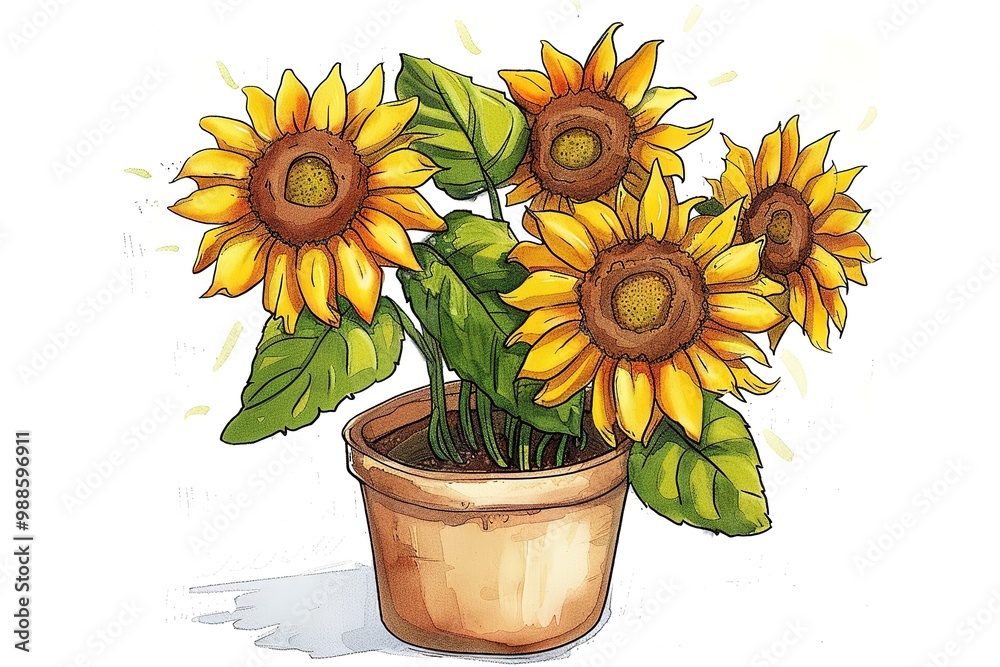 Obraz premium a sunflower illustration with leaf and a pot