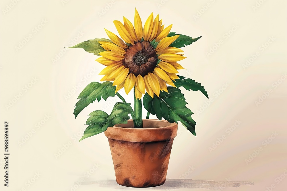 Obraz premium a sunflower illustration with leaf and a pot