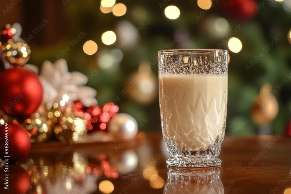 Decoration on the New Year's table, a crystal glass of milk tea. Beautiful toys with generative ai Decoration on the New Year's table, a crystal glass of milk tea. Beautiful toys with generative ai