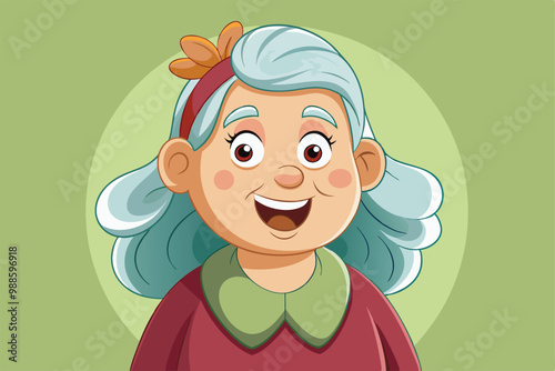 A joyful old woman smiles brightly, showcasing her lively personality in a colorful setting, a cartoon character of a happy old woman
