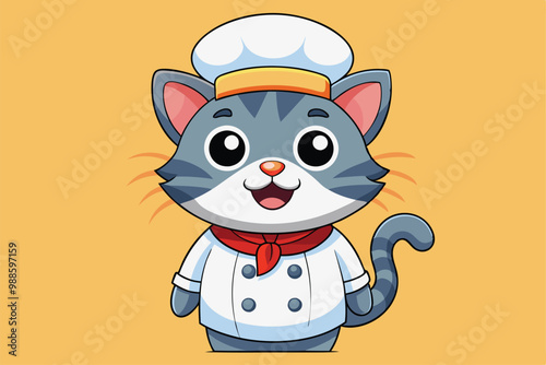 The cartoon cat chef is joyfully dressed, eager to create tasty dishes in the kitchen, a cartoon character of a illustration of a cat is wearing a chef's hat