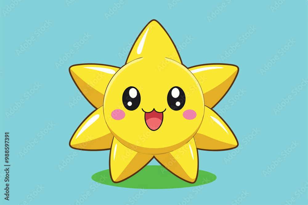 A cute yellow star character with a big smile sits on green grass under a bright blue sky, a cartoon character of a Kawaii yellow star A cute yellow star character with a big smile sits on green grass under a bright blue sky, a cartoon character of a Kawaii yellow star