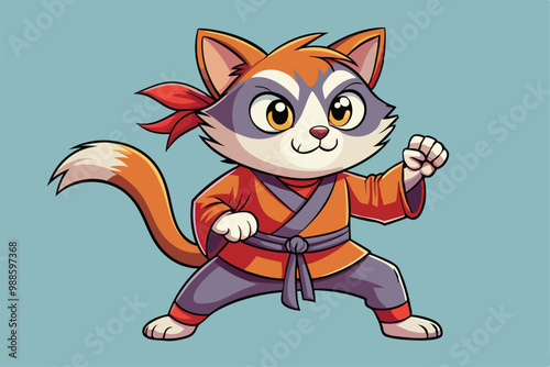 A dynamic kungfu cat character is ready for action, showcasing its martial arts skills with confidence, a cartoon character of a kungfu cat