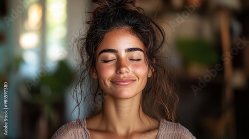Calm hispanic woman smiling. Latina closing eyes in meditation, Generative AI