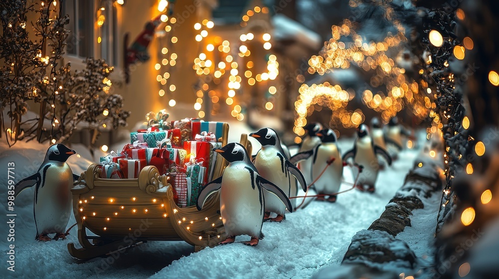 A group of penguins are pulling a sled full of presents A group of penguins are pulling a sled full of presents