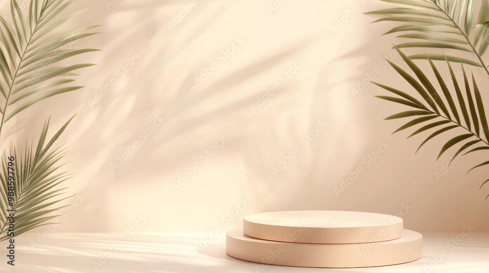 Beige Pastel Background with Palm Leaves. Empty Square Podium Mockup for Cosmetics Beige Pastel Background with Palm Leaves. Empty Square Podium Mockup for Cosmetics
