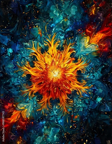 A stunning abstract floral design in bright, fiery hues of orange and blue set against a deep background. This vibrant digital artwork radiates energy, making it a focal point for modern decor.. AI