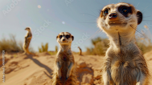 Wallpaper Mural A medium close-up of a family of meerkats standing upright, curiously surveying their surroundings in a desert landscape, creating a fun and dynamic screensaver. Torontodigital.ca