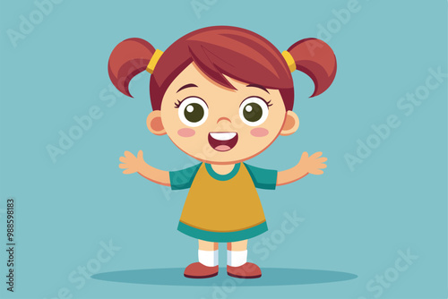 A little girl is happily presenting with her arms wide open, showcasing her cheerful demeanor, a cartoon character of a little girl presenting