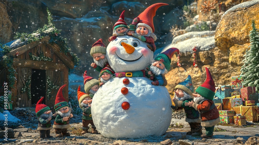 Obraz premium A group of snowmen are gathered around a large snowman