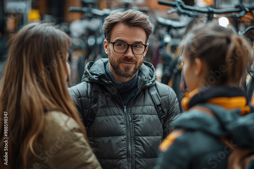 A group of friends consult among themselves about choosing a bicycle.