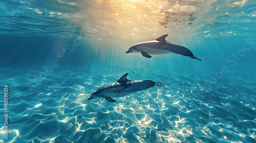 A pair of dolphins swimming side by side in crystal-clear waters, with sunlight streaming down from above, creating a beautiful, underwater animal screensaver.