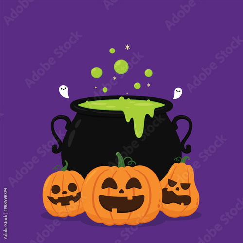 Witch cauldron, Halloween magic pot with green potion. Vector steel boiler with boiling magic brew or steaming goo. Cartoon kettle with poison.