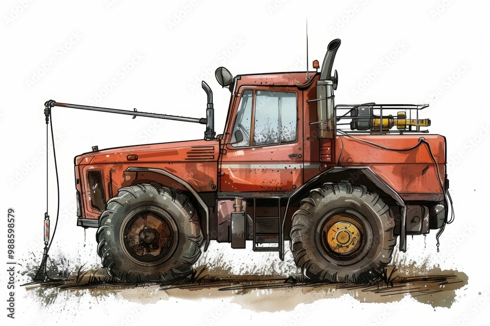 Illustration of a red powerful tractor spraying chemicals on the field Illustration of a red powerful tractor spraying chemicals on the field