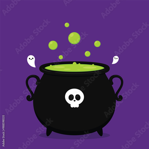 Witch cauldron, Halloween magic pot with green potion. Vector steel boiler with boiling magic brew or steaming goo. Cartoon kettle with poison.