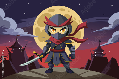 A determined ninja character poses with a sword under a bright full moon, a cartoon character of a Man in ninja suit holding sword in front of full moon.