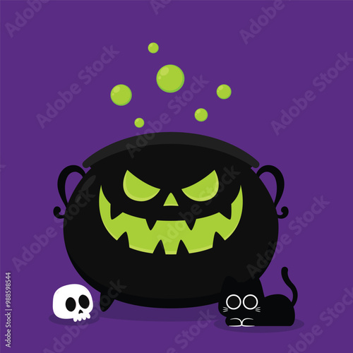 Witch cauldron, Halloween magic pot with green potion. Vector steel boiler with boiling magic brew or steaming goo. Cartoon kettle with poison.