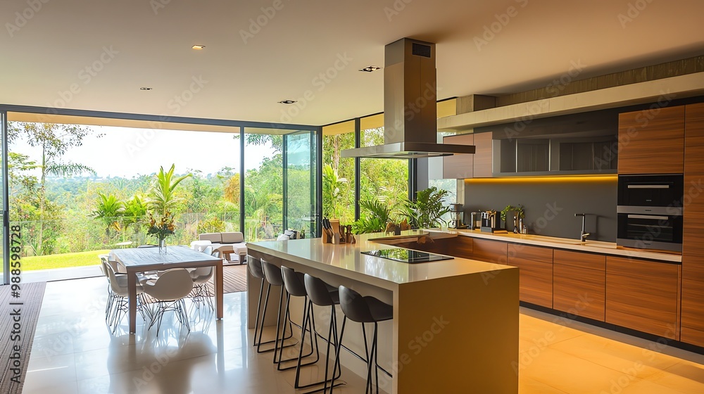 Fototapeta premium A modern kitchen and dining area with large windows overlooking a view of trees and a lake.