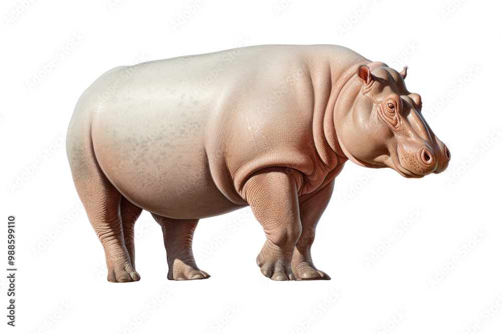 Naklejka premium A side profile of a hippo, showcasing its large body and unique posture. The white background