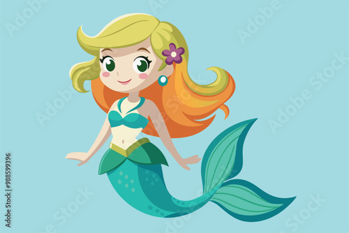 A playful mermaid swims happily through an ocean filled with vibrant colors, a cartoon character of a mermaid