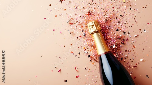 Champagne bottle with vibrant confetti scattered on a beige background. New Year's Eve celebration theme.