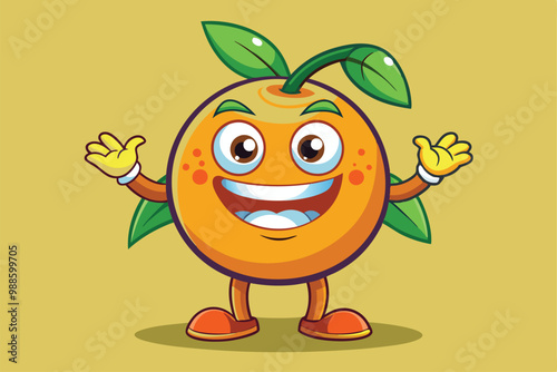 An animated orange character smiles broadly, displaying happiness and excitement while raising its hands, a cartoon character of a orange