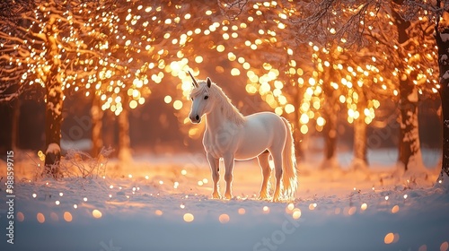 A white unicorn stands in a snowy forest with lights shining on it photo