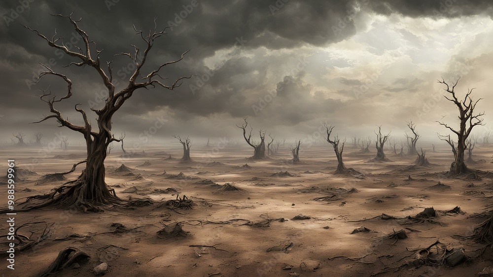 A vast, desolate wasteland stretches into the distance A vast, desolate wasteland stretches into the distance