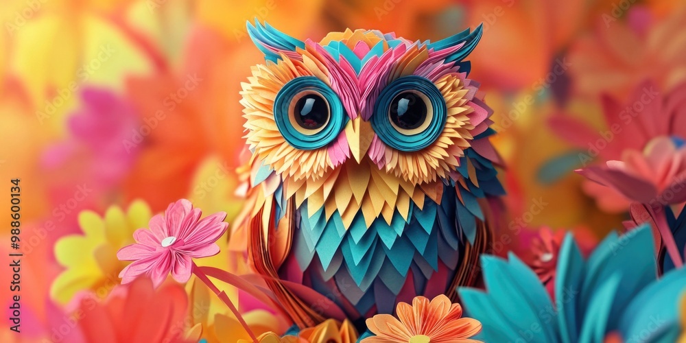 Colorful owl on flowers Colorful owl on flowers